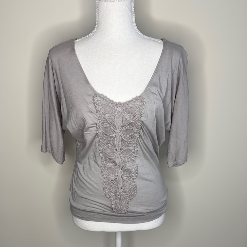 Susie Rose Gray Top with Lace Detail. Raglan Sleeves. Banded Bottom. Small